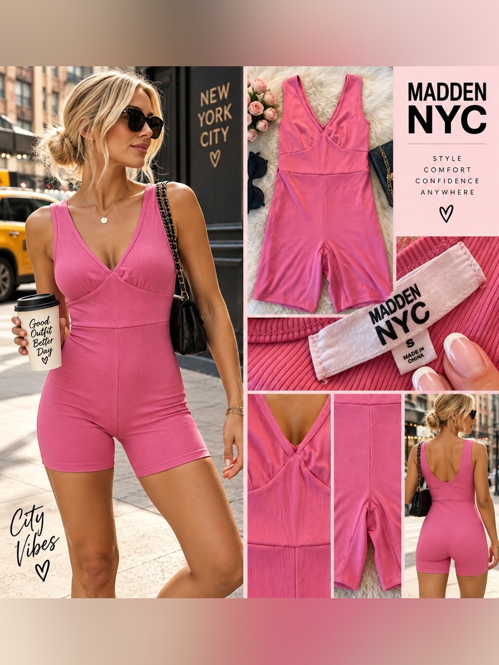 Madden NYC SZ S Pink Ribbed V-Neck Romper